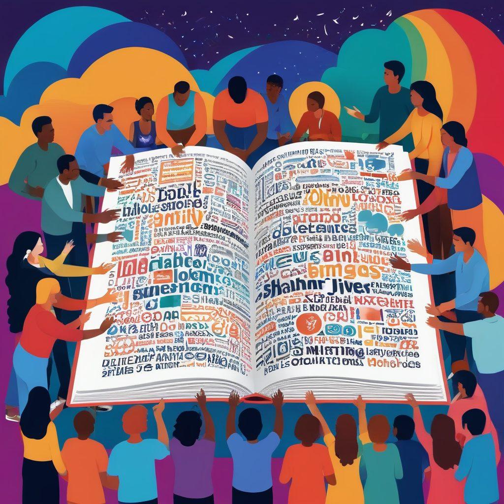 A diverse group of people gathered around a large, colorful book, exchanging ideas and sharing stories, showcasing unity and collaboration. In the background, a digital world with floating words, symbols, and blog posts represents the evolution of content sharing. Bright, warm colors and a sense of dynamic movement convey excitement and community. vector art. vibrant colors.