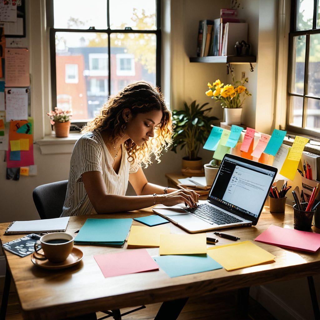 A person typing on a laptop in a cozy, modern workspace, surrounded by colorful sticky notes and creativity tools like sketchbooks and pens. The laptop screen displays a vibrant blog layout with engaging visuals. Sunlight streams through a window, illuminating the space with a warm glow. The scene exudes energy and inspiration for effective blogging. super-realistic. vibrant colors. cozy atmosphere.