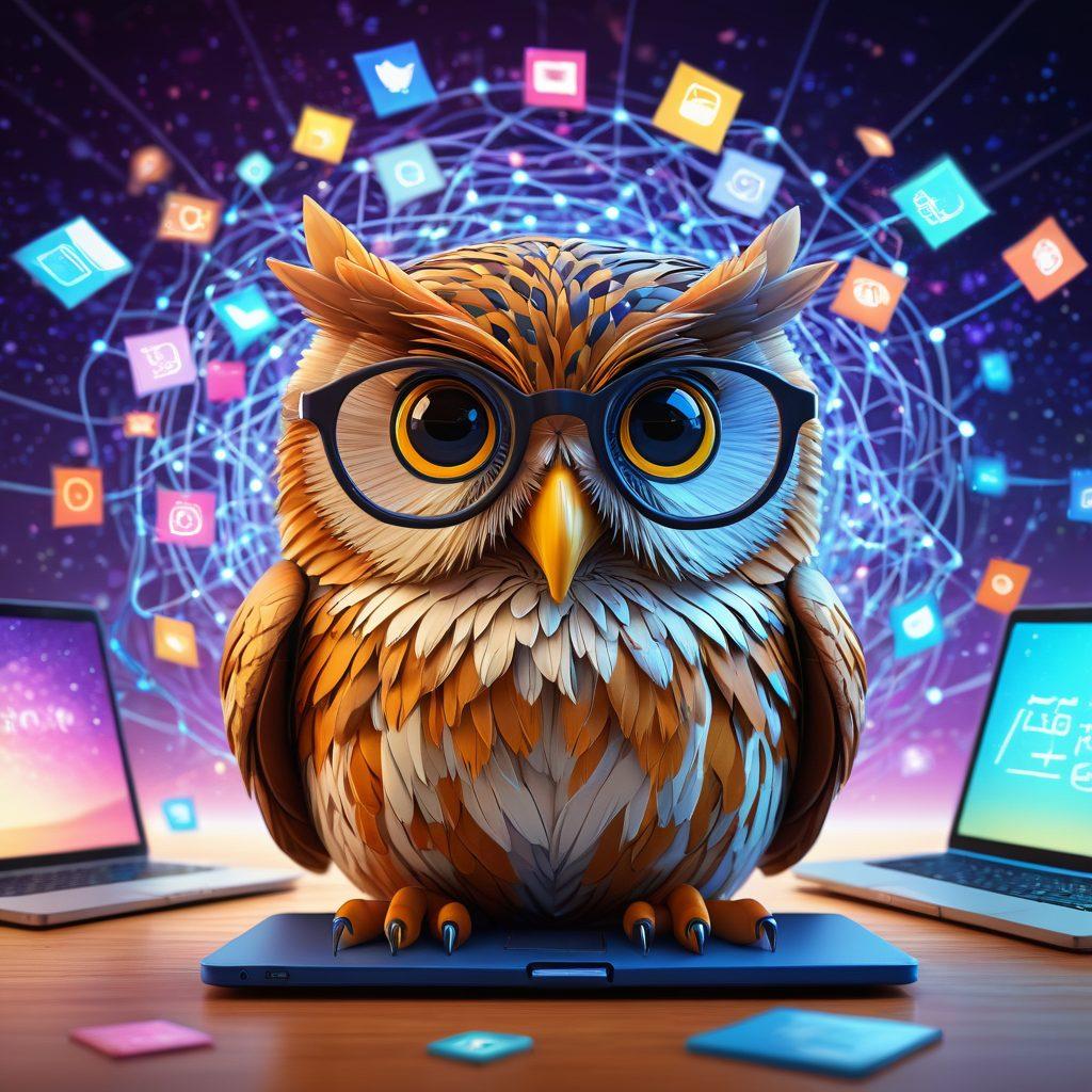 A vibrant, interconnected network of blog pages and digital storytelling elements, featuring colorful icons representing various themes and topics like travel, technology, and lifestyle. In the center, a wise owl wearing glasses symbolizes knowledge and wisdom, surrounded by glowing laptops and books. The backdrop should resemble a digital universe, portraying creativity and exploration. super-realistic. vibrant colors. 3D.